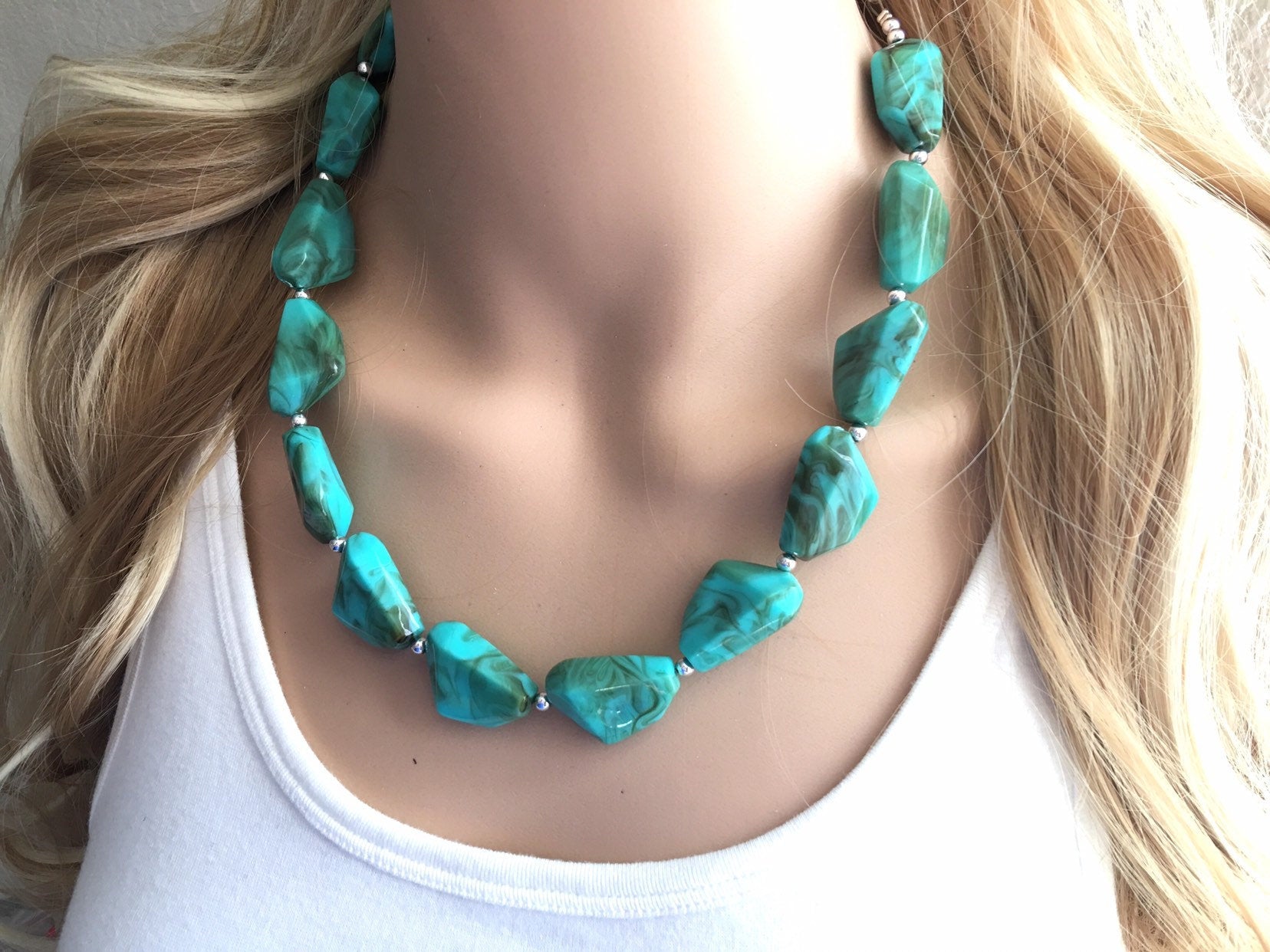 Genuine Large Turquoise Tiger Eye Onyx Stones Necklace Earrings Jewelry Set