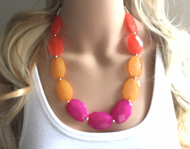 Sunset Orange Dark Pink Single Strand Big Beaded Statement Necklace, summer Jewelry set, pink earrings, pink beaded necklace, bridesmaid