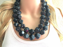 Load image into Gallery viewer, Black Swirly Chunky Statement Necklace, Big beaded jewelry, Double Strand Statement Necklace, Bib necklace, black bridesmaid wedding silver