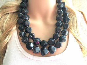 Black Swirly Chunky Statement Necklace, Big beaded jewelry, Double Strand Statement Necklace, Bib necklace, black bridesmaid wedding silver