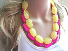 Load image into Gallery viewer, Yellow &amp; Pink Necklace, multi strand colorful jewelry, big beaded chunky statement necklace, hot pink necklace, yellow magenta jewelry