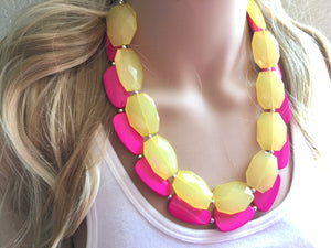 Yellow & Pink Necklace, multi strand colorful jewelry, big beaded chunky statement necklace, hot pink necklace, yellow magenta jewelry