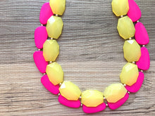 Load image into Gallery viewer, Yellow &amp; Pink Necklace, multi strand colorful jewelry, big beaded chunky statement necklace, hot pink necklace, yellow magenta jewelry