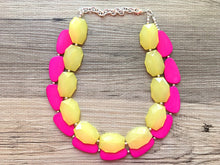 Load image into Gallery viewer, Yellow &amp; Pink Necklace, multi strand colorful jewelry, big beaded chunky statement necklace, hot pink necklace, yellow magenta jewelry