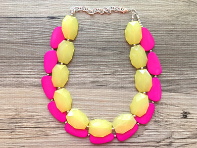 Pink Lemonade Necklace, multi strand colorful jewelry, big beaded chunky statement necklace, hot pink necklace, yellow magenta jewelry