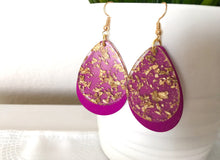 Load image into Gallery viewer, Purple &amp; Gold statement earrings, Triple bead Statement earrings , fall colors jewelry, gold necklace chunky drop hook earrings dark pink