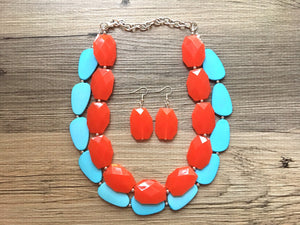 Orange & Turquoise Necklace, double strand jewelry, big beaded chunky statement necklace, blue necklace, turquoise jewelry, orange jewelry