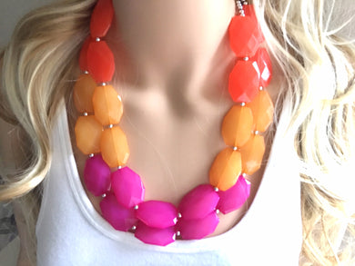 Pink & Orange Ombre Necklace, Double strand bright jewelry, big beaded chunky statement, summer necklace, colorblock necklace, pink orange