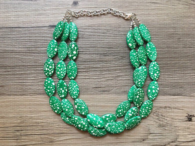 Green Polka Dot Necklace, big beaded chunky statement necklace, green necklace, green and white, green jewelry, Polka Dot Jewelry Dress