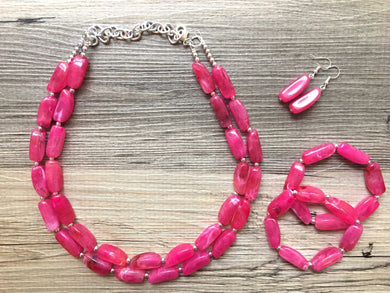 Pink Statement Jewelry Set, big Beaded Chunky necklace bracelet earrings, Double Strand wedding everyday multi strand bridesmaid