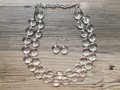 Clear Crystal Statement Necklace - Faceted circular Beaded Everyday neutral jewelry - silver accents chunky bib necklace