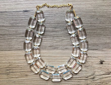 Load image into Gallery viewer, Acrylic Chunky Clear Crystal Statement Necklace, Faceted Everyday neutral jewelry, statement necklace, silver or gold accents chunky bib