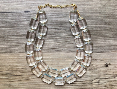 Acrylic Chunky Clear Crystal Statement Necklace, Faceted Everyday neutral jewelry, statement necklace, silver or gold accents chunky bib