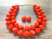 Load image into Gallery viewer, Bright Chunky Orange Statement Necklace, Big beaded jewelry, Double Strand Statement Necklace, Bib necklace orange bridesmaid wedding silver