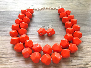 Bright Chunky Orange Statement Necklace, Big beaded jewelry, Double Strand Statement Necklace, Bib necklace orange bridesmaid wedding silver