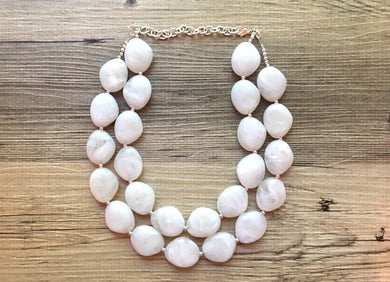 White Chunky Statement Necklace, Big beaded jewelry, Double Strand Statement Necklace, Bib necklace, white bridesmaid wedding, praline