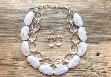 White Clear Statement Necklace & earring set, big Beaded Chunky Jewelry, Double Strand wedding or everyday large double multi strand