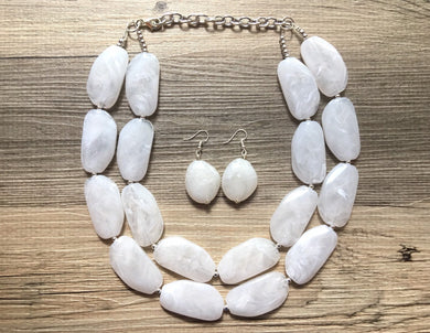 Statement White Double Strand Necklace, white Extra Chunky jewelry, Statement Necklace, white jewelry, beaded white necklace, white earrings