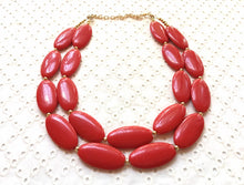 Load image into Gallery viewer, Red statement Necklace, gold Double strand bright red jewelry, big beaded bib chunky statement necklace, red jewelry, red geometric necklace