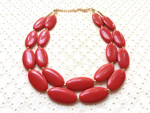 Red statement Necklace, gold Double strand bright red jewelry, big beaded bib chunky statement necklace, red jewelry, red geometric necklace