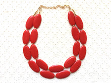 Load image into Gallery viewer, Red statement Necklace, gold Double strand bright red jewelry, big beaded bib chunky statement necklace, red jewelry, red geometric necklace