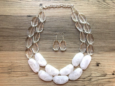 Long Clear & White Necklace, multi strand jewelry, big beaded chunky statement necklace, clear necklace, bridesmaid necklace, bib necklace