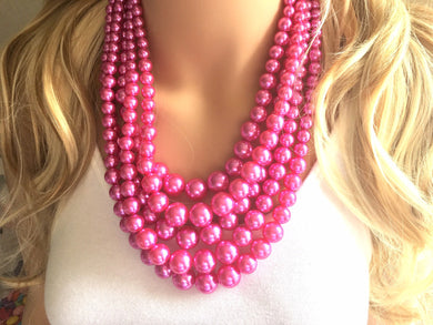 Five Strand Hot Pink chunky statement necklace & earrings, big bead jewelry gifts for women, bib jewelry Multi-Strand necklace, beaded