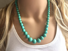 Load image into Gallery viewer, Turquoise Beaded statement necklace, thick chunky graduated bead blue green jewelry, turquoise long necklace jewelry, green earrings