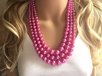 Three Strand Hot Pink chunky statement necklace & earrings, big bead jewelry gifts for women, bib jewelry Multi-Strand necklace, beaded