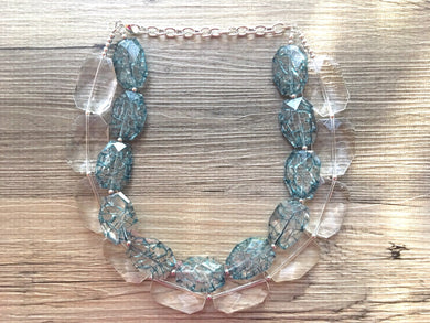 Clear & Teal Necklace, multi strand jewelry, big beaded chunky statement necklace, blue necklace, bridesmaid necklace, bib necklace resin