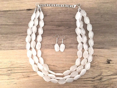 3 Layer White statement necklace with silver accents, bib jewelry cloudy white necklace, white jewelry, white beaded necklace, chunky white