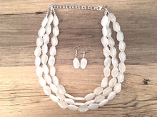 Load image into Gallery viewer, 3 Layer White statement necklace with silver accents, bib jewelry cloudy white necklace, white jewelry, white beaded necklace, chunky white