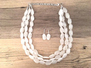 3 Layer White statement necklace with silver accents, bib jewelry cloudy white necklace, white jewelry, white beaded necklace, chunky white