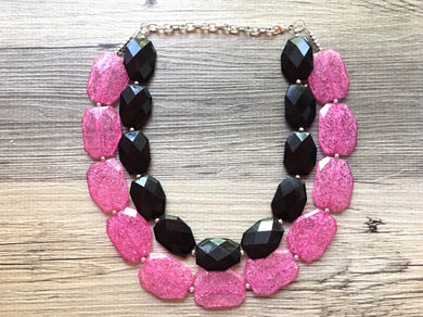 Pink & Black Necklace, multi strand jewelry, big beaded chunky statement necklace, pink necklace, bridesmaid necklace, black necklace