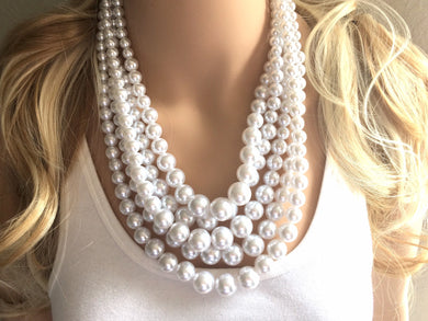 Five Strand white chunky statement necklace & earrings, big bead jewelry gifts for women, bib jewelry pearl necklace, beaded jewelry