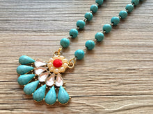 Load image into Gallery viewer, Rhinestone Red Resin Pendant Chunky Statement Necklace jewlery, Beaded turquoise statement blue fan pendant chunky bib