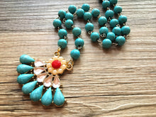 Load image into Gallery viewer, Rhinestone Red Resin Pendant Chunky Statement Necklace jewlery, Beaded turquoise statement blue fan pendant chunky bib