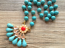 Load image into Gallery viewer, Rhinestone Red Resin Pendant Chunky Statement Necklace jewlery, Beaded turquoise statement blue fan pendant chunky bib