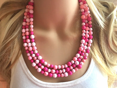 Pink Candy statement necklace, lucite necklace, resin necklace, peach blush multi strand chunky jewelry, silver Beaded Holiday Necklace