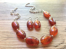 Load image into Gallery viewer, Amber Statement Necklace &amp; Earrings, amber jewelry, Your Choice GOLD or SILVER, amber brown bib chunky necklace, brown oval necklace