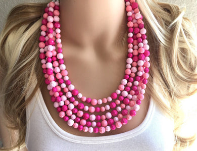 Pink Candy statement necklace, lucite necklace, resin necklace, peach blush multi strand chunky jewelry, silver Beaded Holiday Necklace