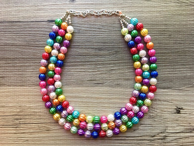 Statement Necklace, rainbow truple strand chunky bib beaded jewelry, colorful bead necklace, thick textured rainbow statement