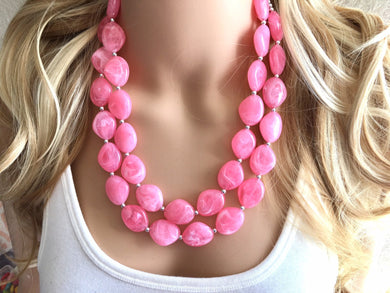 Bubblegum Pink Chunky Statement jewelry set, Big bib beaded Double Strand Statement Necklace earrings, light bridesmaid wedding Magnolia