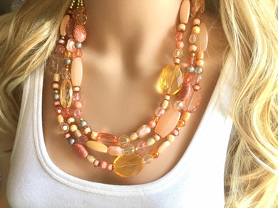 Peach Chunky Statement Necklace & Stretch Bracelet set, Triple Strand Beaded Jewelry, coral pink jewelry, peach bridesmaid marigold gold