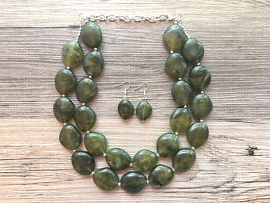 Dark Army Green Chunky Statement Necklace, Big beaded jewelry, Double Strand Statement Bib necklace, green bridesmaid wedding, praline