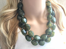 Load image into Gallery viewer, Dark Army Green Chunky Statement Necklace, Big beaded jewelry, Double Strand Statement Bib necklace, green bridesmaid wedding, praline