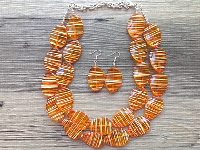 Orange White Statement Jewelry Set, big Beaded Chunky necklace bracelet earrings, multi Strand wedding, orange bridesmaid necklace