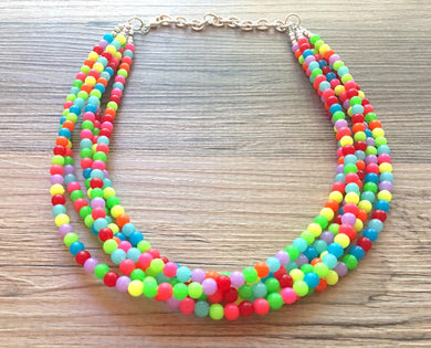 Multi Strand Neon Necklace, Neon jewelry, chunky bright necklace, statement turquoise necklace, concert jewelry rave beaded necklace