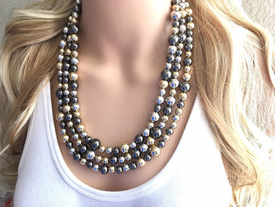 Metallic mirror silver gold & gunmetal Jewelry, Christmas Jewelry, silver Jewelry, metal triple strand chunky statement beaded jewels