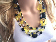 Load image into Gallery viewer, Black yellow and Gray Statement Necklace, chunky beaded jewelry, bumble bee, black and yellow necklace, beaded jewelry, black necklace